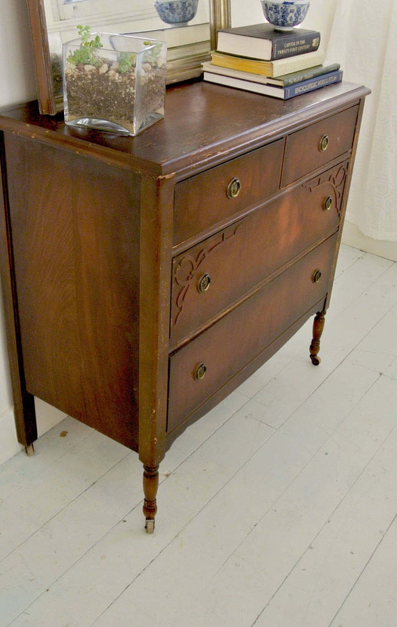 Antique Three Drawer Armoire Dresser With Casters And Brass Etsy