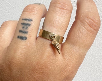 REAL Conch Shell Dangle Ring ~ Brass Shell Charm Ring ~ Thick Band Ring ~ Dangle Charm Ring ~