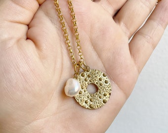 Sea Urchin Charm Necklace ~ Dangle Pearl Necklace ~ Brass Chain Necklace ~ Charm Necklace ~