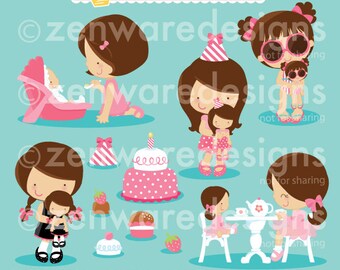 Brunette Girls with Dolls Clipart
