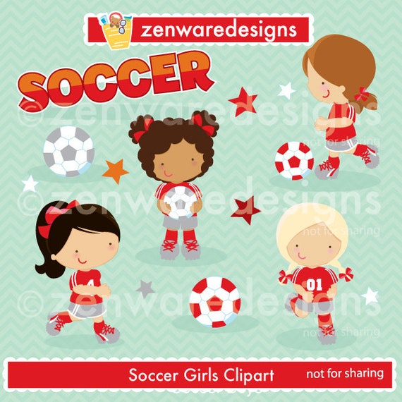 Soccer Girls in Red Uniform Clipart | Etsy