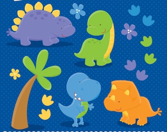 May include: A set of five colorful cartoon dinosaurs with a palm tree and footprints on a blue background. The text "Dinosaurs" is at the bottom of the image.