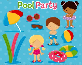 May include: A set of colourful pool party clipart featuring two children, a beach ball, a pool float, an umbrella, goggles, and pool noodles. The text "Pool Party" appears twice in the image.