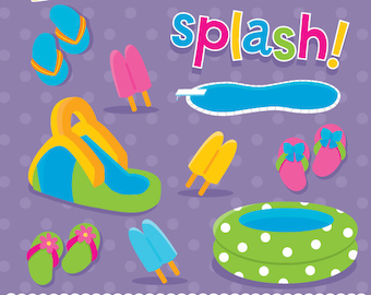 May include: A set of colourful pool party elements, including a slide, pool, inflatable ring, flip flops, popsicles, and the word "splash!" in a fun font.