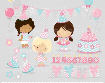 May include: A set of digital illustrations for a girl's birthday party. The set includes three girls wearing party hats, a cake with pink and blue frosting, candles with numbers 1 through 9, and two presents with pink and blue ribbons. The background is a light gray with white polka dots.