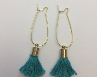 Dark Mint Green Tassel Earrings Boho Style Mini One Pair by Fabulici