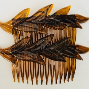 Vintage Retro Leaf Tortoise Color Hair Comb Pair Tortoise Hairclip Made in USA Combs Boho Bohemian Brown Side Comb by Fabulici
