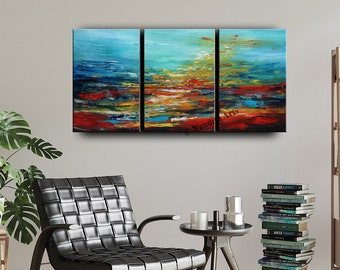 3 Panel Landscape Painting: Abstract Red Blue Wall Art by Nandita