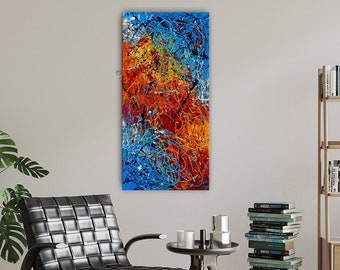 Abstract Blue and Red Unique Wall Art on Canvas, Contemporary Art Handmade Multicolor Framed Livingroom Decor, Large Artwork, Nandita