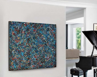 May include: Abstract painting with a black background and a variety of colors including blue, red, yellow, and white. The paint is splattered and dripped across the canvas, creating a dynamic and energetic composition.