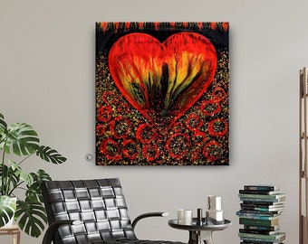 Red Heart Abstract Painting: Modern Acrylic Canvas Wall Art by Nandita Albright