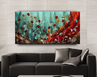 Teal Textured Flower Painting on Canvas, Abstract Palette Knife Poppies Wall Art, Flower Canvas Wall Art, Red Poppy Flower Painting