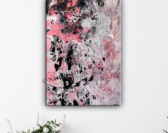 Black and Pink Abstract Acrylic Painting on Canvas: Modern Textured Wall Art