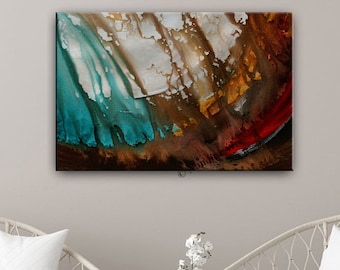 Large Abstract Painting: Red, Gold, Turquoise Modern Art (36x24 inches)