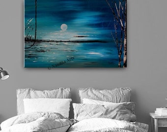 Blue Ocean Abstract Landscape Painting: Original Acrylic Canvas Art
