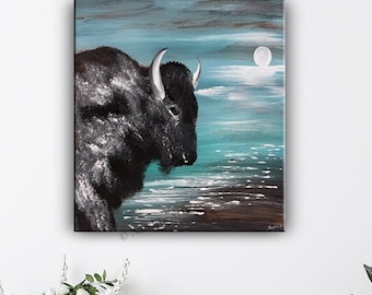 Bison Under Moonlight – Original Wildlife Painting on Canvas | Textured Buffalo Art | Nandita Fine Arts