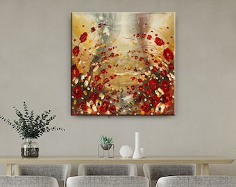 Flower Wall Art Painting On Canvas, Red Poppies Floral Painting, Wildflower Botanical Wall Art Decor, Handmade Bedroom Decor by Nandita