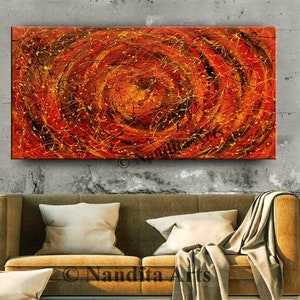 Abstract Jackson Pollock Style Red Acrylic Painting: Large Contemporary Canvas Art
