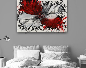 Red Abstract Canvas Art: Modern Living Room Painting (36x24)
