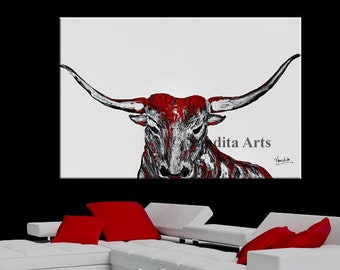 Longhorn bull Head painting, Animal wall Art on Canvas - modern bull horns Oil Painting bull head wall decor 36"x24" (122x 60cm)