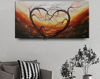 Heart Tree Landscape Painting: Original Oil Painting on Canvas