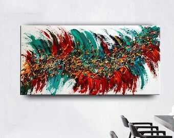 Original Abstract Oil Painting: Red, Turquoise Modern Canvas Art (48x24)