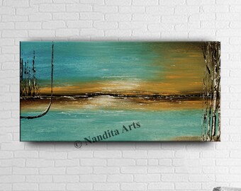 Abstract Beach Landscape Painting: Teal Turquoise Original Art