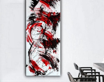 Large Red Black Abstract Painting: 72" Original Wall Art