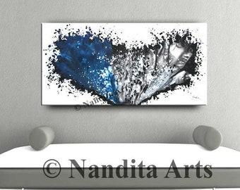 Blue Modern Abstract Painting on Canvas, Heart Shape 48" Original Bedroom or Livingroom Wall Art, Housewarming Gift by Nandita Albright