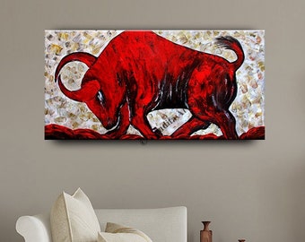 Impasto Textured Bull Painting on Canvas, Impasto Red Bull Wall Art, Handmade Animal Wall Art, by Nandita