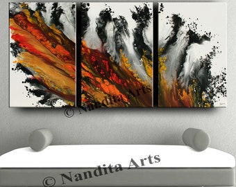 Abstract Triptych Canvas Wall Art: Red, Black, Gold - 72" Modern Painting
