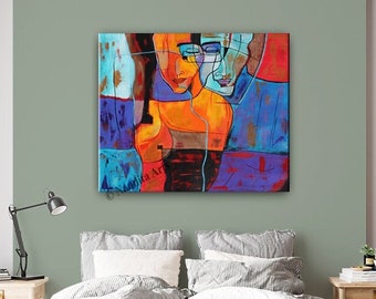 Elegant Figurative Luxury Wall Art Decor, 30" Two People Two Souls Abstract Figure Painting on Canvas Gifts for Love One by Nandita Albright