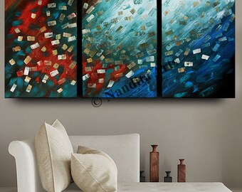 Neon Blue Abstract Triptych: Original Acrylic Painting on Canvas