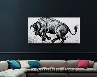 Animal Bull Painting 48" Abstract Art on canvas, Original Hand Made Charging Bull Oil paintings, Modern Art , Home Wall Decor Black Artwork