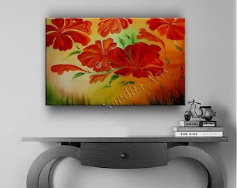 Flower Painting Original Art on Canvas, Red Floral Painting, Oil Painting Impressionist Artwork Livingroom Home Decor by Nandita Albright