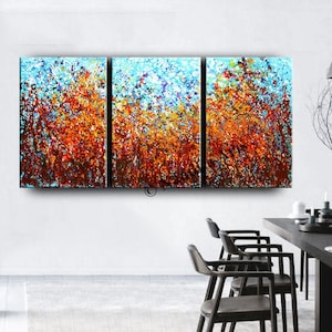 Rainbow Abstract Triptych Painting: Large Original Canvas Art, Jackson Pollock Style