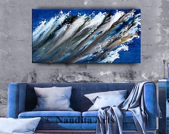 Blue Modern Abstract Painting on Canvas, Ocean Abstract Artwork, 48" Original Painting, Abstract Painting, Modern Painting by Nandita