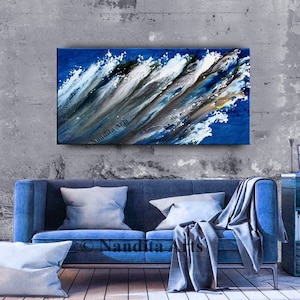 Blue Modern Abstract Painting on Canvas, Ocean Abstract Artwork, 48 Original Painting, Abstract Painting, Modern Painting by Nandita image 1