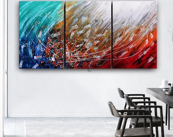 Abstract Triptych Canvas Art: Red & Blue Contemporary Painting