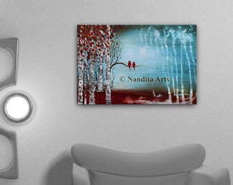 Love Birds Painting - Innocent Meeting- Original Artwork Landscape Art Love Birds Wall Art Textured Sunsets Christmas Décor Gifts by Nandita