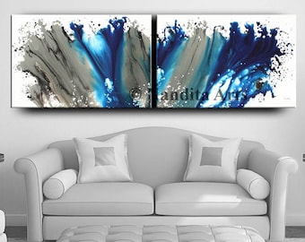 Acrylic Abstract Painting on Canvas, Large Pour Painting, Blue Gray 2 Panels Bedroom Wall Art, Coastal Original Modern Home Décor by Nandita