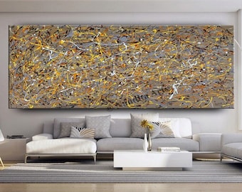 Earth Color Jackson Pollock Style Gold and Brown Abstract Oil Painting on Canvas by Nandita Albright Large Modern Wall Art Office Décor