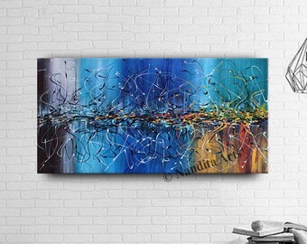 Vibrant Jackson Pollock Style Abstract Painting on Canvas - Blue Modern Home Decor - Turquoise Acrylic Wall Art, Nandita Albright