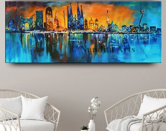 Barcelona Cityscape Skyline Artwork | Vibrant Urban Wall Art | Travel-Inspired Art Decor by Nandita Albright
