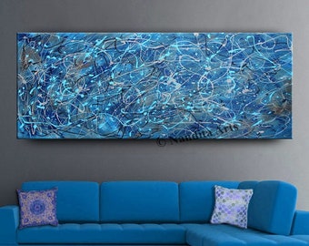 Abstract Painting, Blue Wall Art Large Painting, Jackson Pollock Style Modern Art, Original Artwork on Canvas  by Nandita 24x48"/61x122cm