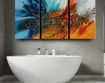 Blue & Red Abstract Triptych: 72" Handmade Canvas Painting