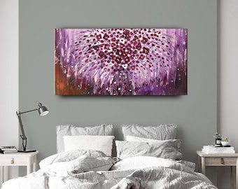 Purple Flower Wall Art on Canvas, Large Textured Painting, 48" Magenta Floral Artwork, Handmade Acrylic Modern Wall Art Gift, by Nandita