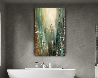Teal Contemporary Art Abstract Landscape Painting on Canvas - Handmade Artwork Living Room Home Décor by Nandita Albright