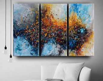 Abstract Blue Jackson Pollock Style Wall Art on Canvas - Contemporary Art Modern Painting 72" Large livingroom Triptych Home Decor, Nandita