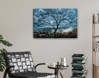 Blue Landscape Wall Art Tree Painting on Canvas, Minimalist Peaceful Abstract Acrylic Art Home Decor, by Nandita Albright